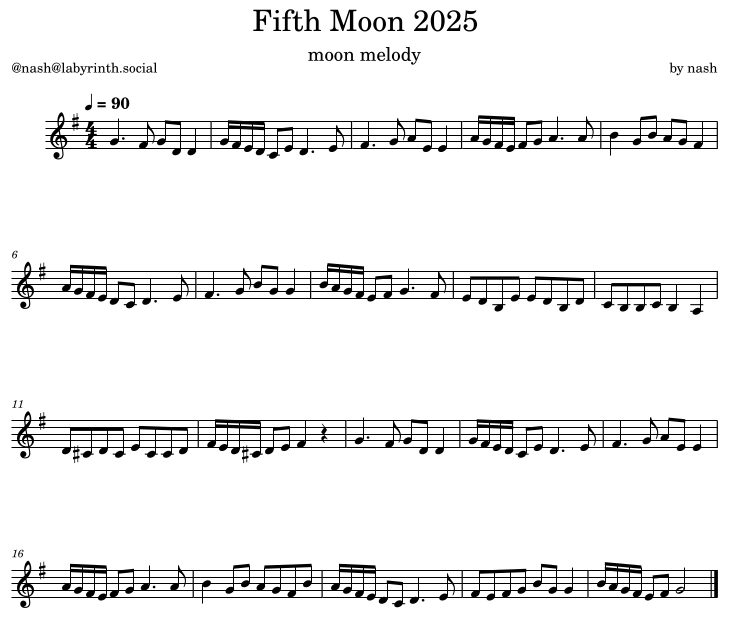 Sheet music for "Fifth Moon 2025, moon melody" by me (nash, @labyrinth.social). It's a sort of reflective, peaceful melody in G major, 4/4 time.