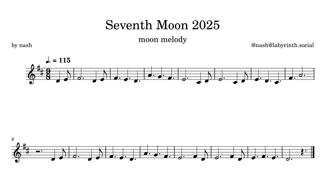 Sheet music for "Seventh Moon 2025, moon melody" by me (nash, @labyrinth.social). It's a lilting, marchy tune in D Major, 9/8ths time (although it feels more like 3/4 with some swing).