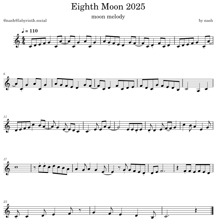 Sheet music for "Eighth Moon 2025, moon melody" by me (nash, @labyrinth.social). It's a bright, playful melody in C Major, 4/4 time.