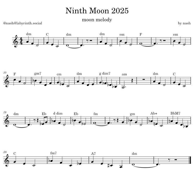 Sheet music for "Ninth Moon 2025, moon melody" by me (@nash@labyrinth.social). It's a slow, slightly spooky melody in d dorian, though it fluctuates around & uses a lot of chords outside of the key.