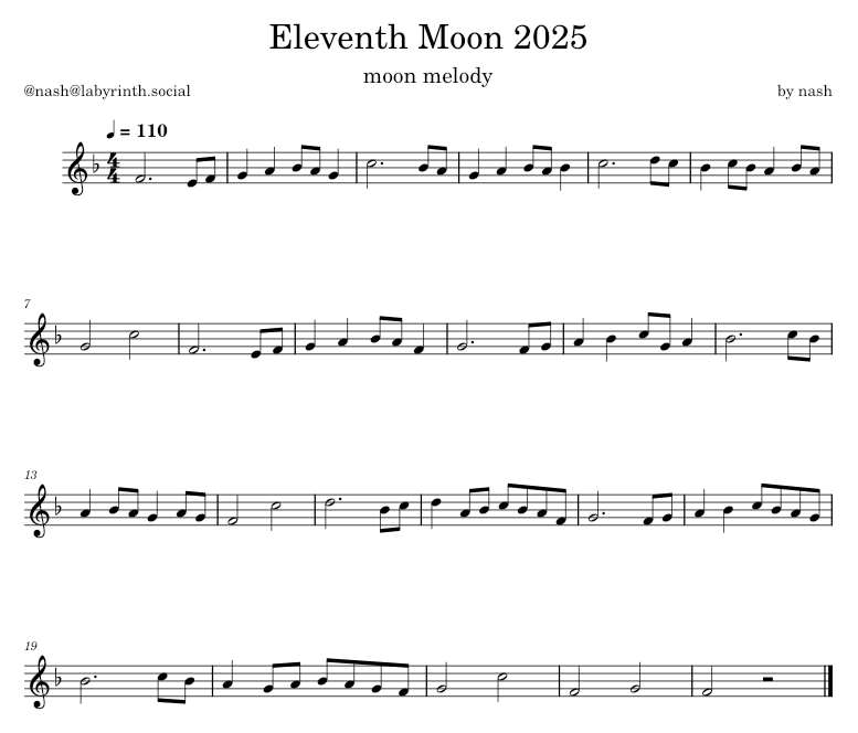 Sheet music for "Eleventh Moon 2025, moon melody" by me (@nash@labyrinth.social). It's a slow, reflective sort of melody in F major.